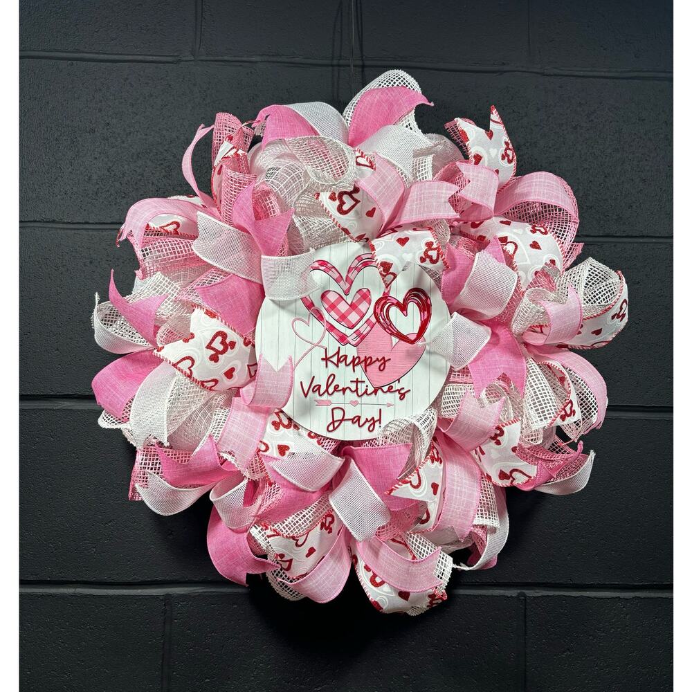 Valentines Day Wreath, Pink & White, Front Door Decor, Handmade 22”